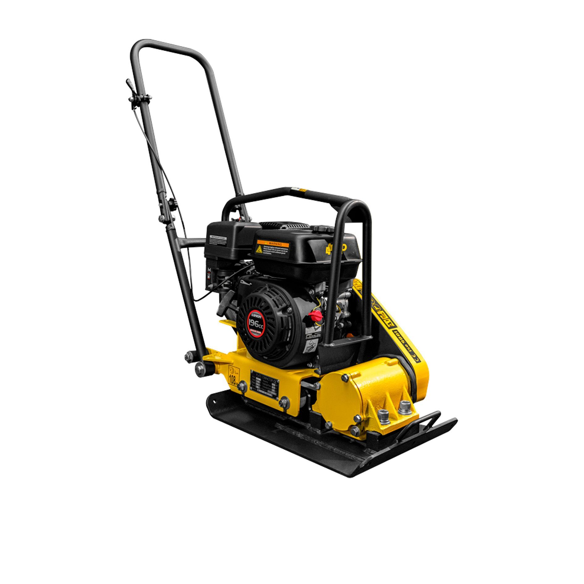 Una placa vibratoria amarilla y negra con un motor de gas sobre un fondo blanco.