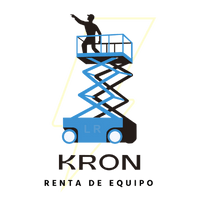 Un hombre está parado sobre un elevador de tijera azul.