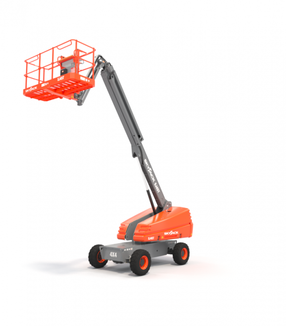 Un elevador aéreo naranja y gris sobre un fondo blanco.