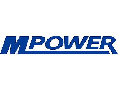 Un logotipo azul y blanco para m power sobre un fondo blanco.