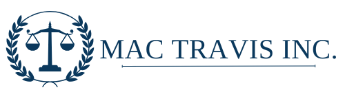 A logo for mac travis inc. with a scale of justice and laurel wreath.