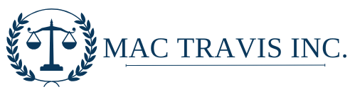 A logo for mac travis inc. with a scale of justice and laurel wreath.