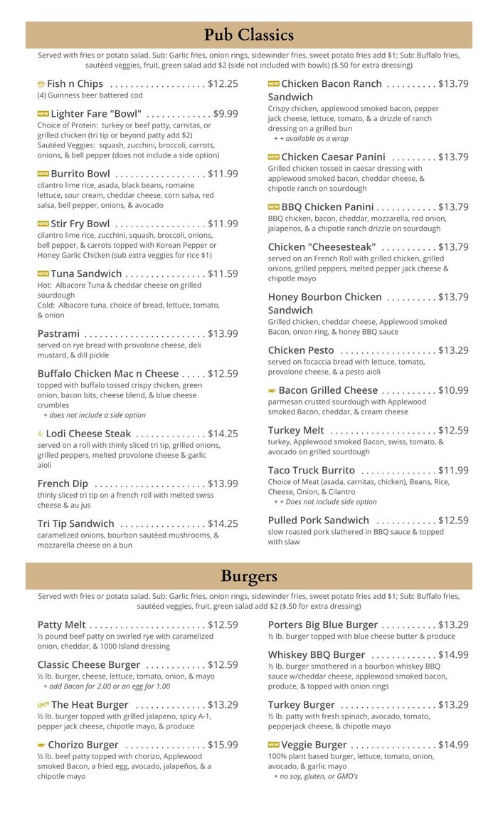 Menu Lodi California Porters Pub Menu Lodi California Porters Pub