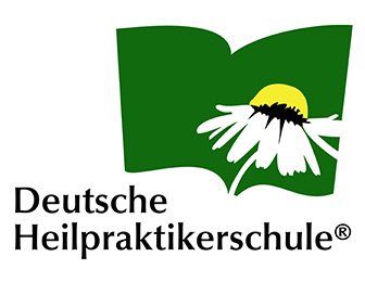 A logo for deutsche heilpraktikerschule with a daisy on a green book