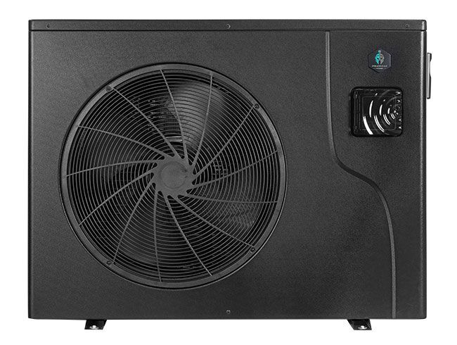 Black rectangular pool heat pump with large fan, control panel on right.