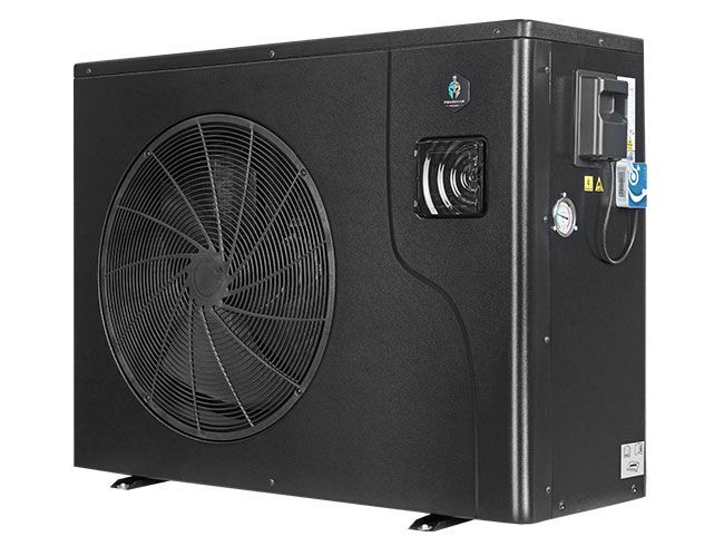 Black pool heat pump with a large fan and side controls.