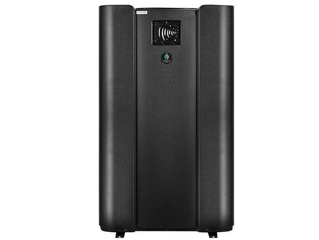 Black air purifier with control panel and indicator light on a white background.