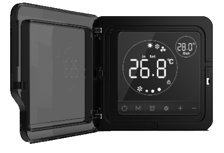 Black thermostat with open protective cover, displaying 26.8°C inside and 28.0°C outside.