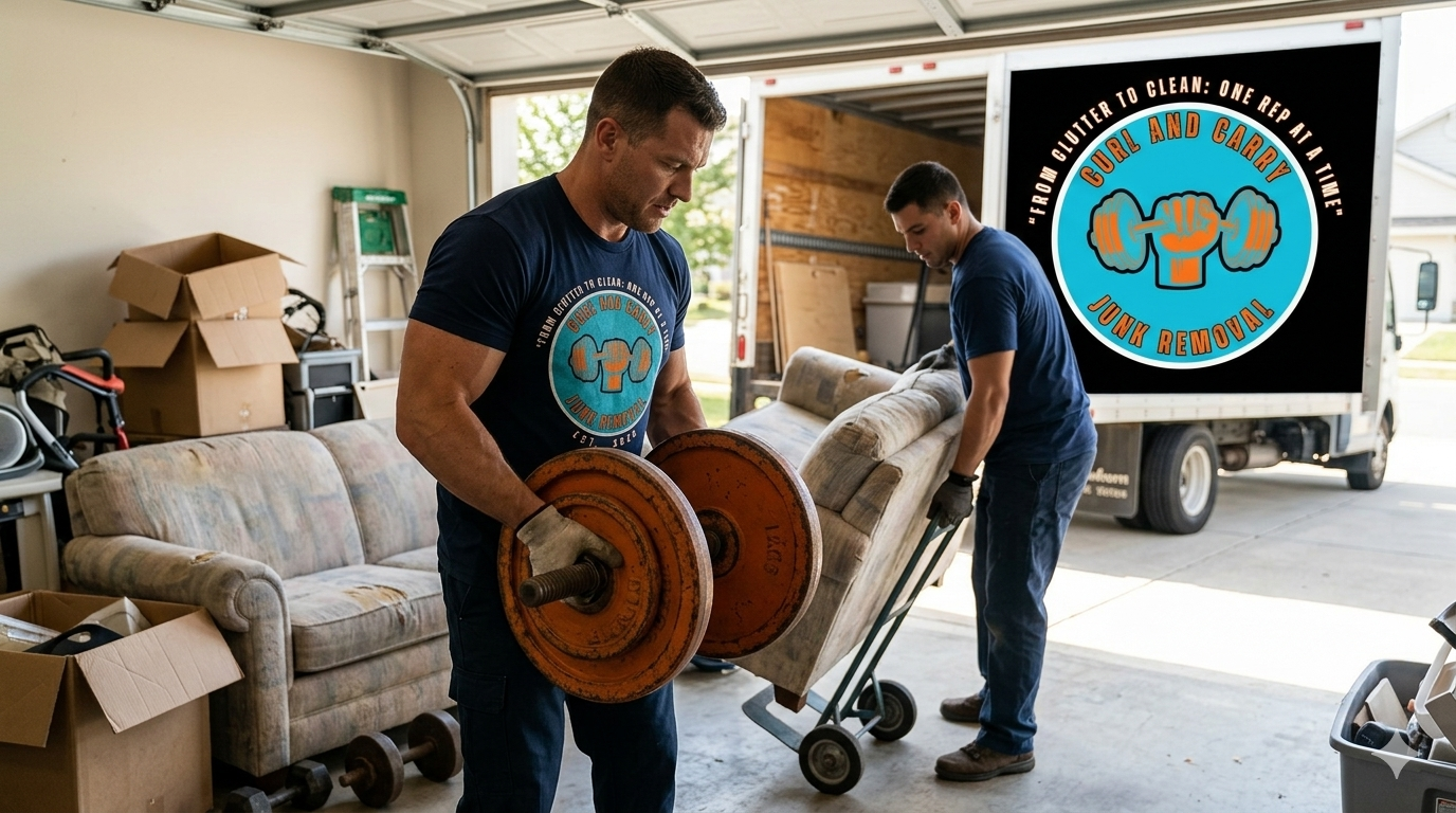 Two movers in branded shirts lift furniture near a truck with a 