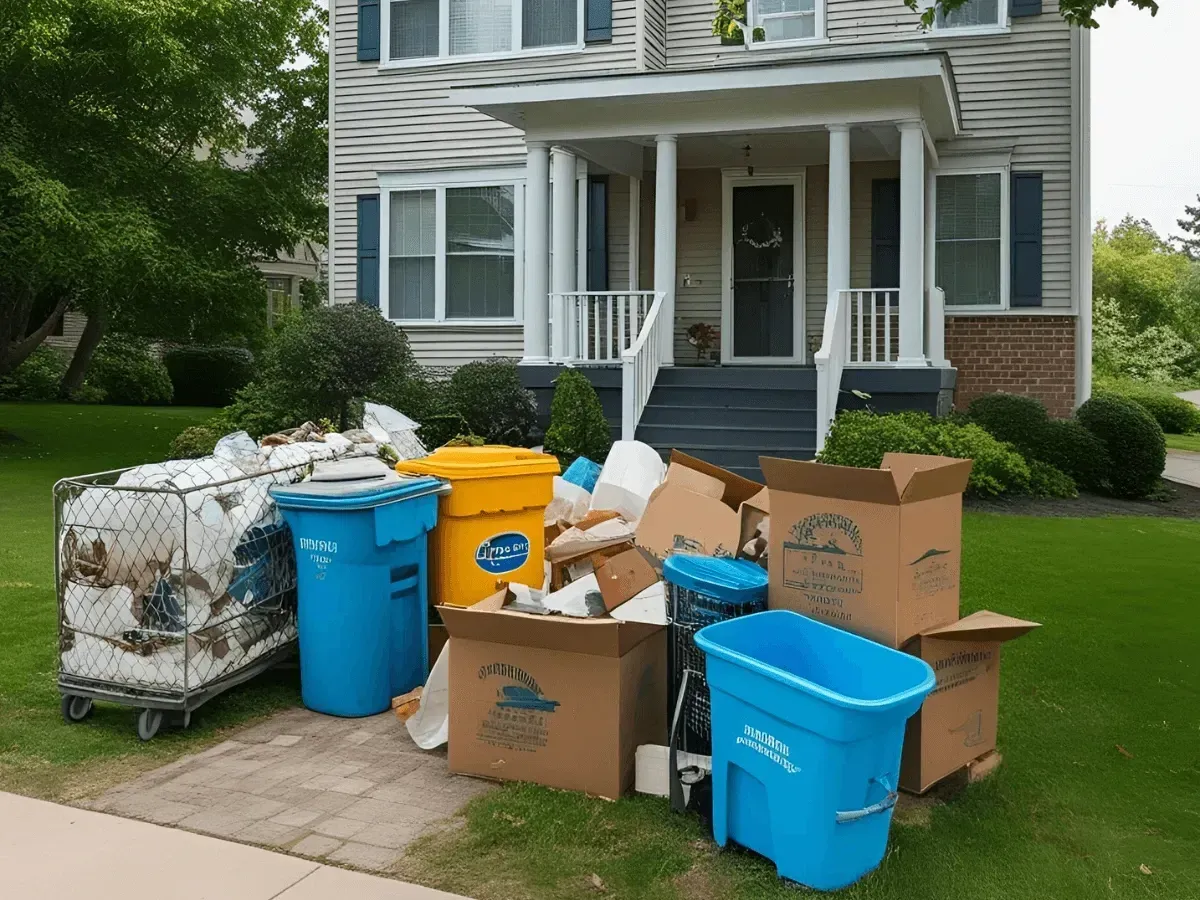 A cluster of blue and yellow recycling bins and cardboard boxes filled with paper items sitting on a suburban front lawn.