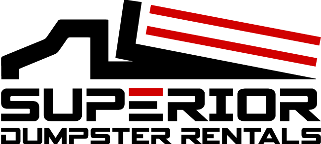Logo for Superior Dumpster Rentals: black dumpster graphic, red stripe, black text.