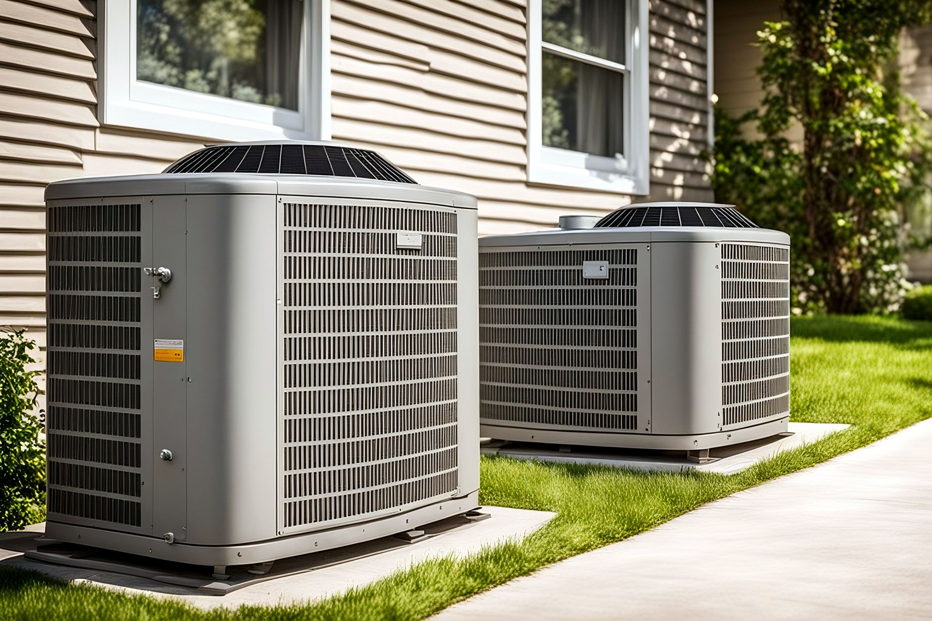 Two gray air conditioning units on a grassy lawn next to a house with beige siding.