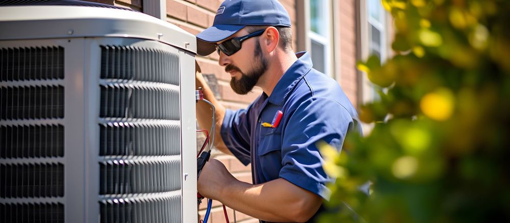 HVAC technician in a blue uniform inspecting an air conditioning unit outside a brick building. HVAC technician in a blue uniform inspecting an air conditioning unit outside a brick building.