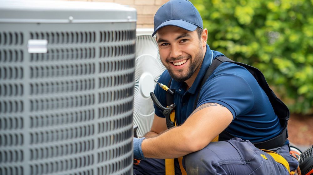 HVAC technician kneeling by air conditioning unit, smiling. Wearing blue shirt, cap, safety harness outdoors. HVAC technician kneeling by air conditioning unit, smiling. Wearing blue shirt, cap, safety harness outdoors.