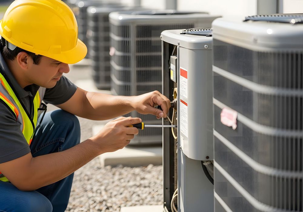 HVAC technician in yellow hard hat kneels, repairing an outdoor air conditioning unit with a screwdriver. HVAC technician in yellow hard hat kneels, repairing an outdoor air conditioning unit with a screwdriver.