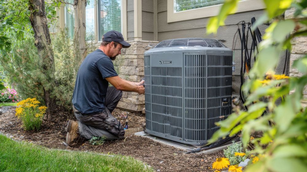 A person in a black shirt kneels by an outdoor air conditioning unit, inspecting it near a house. A person in a black shirt kneels by an outdoor air conditioning unit, inspecting it near a house.