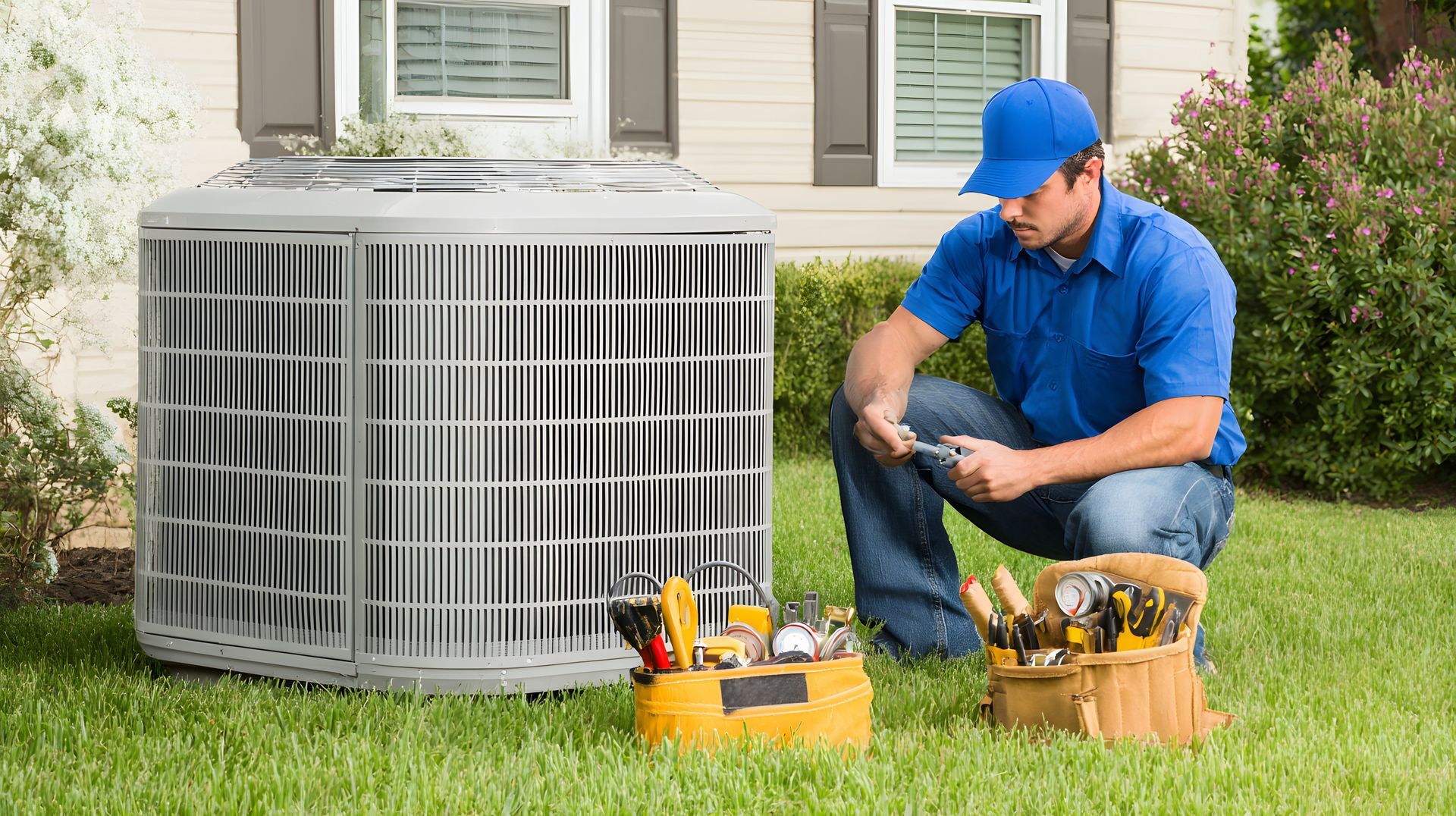 HVAC technician kneeling near an air conditioner unit, tools at his side. He is in front of a house on the grass.