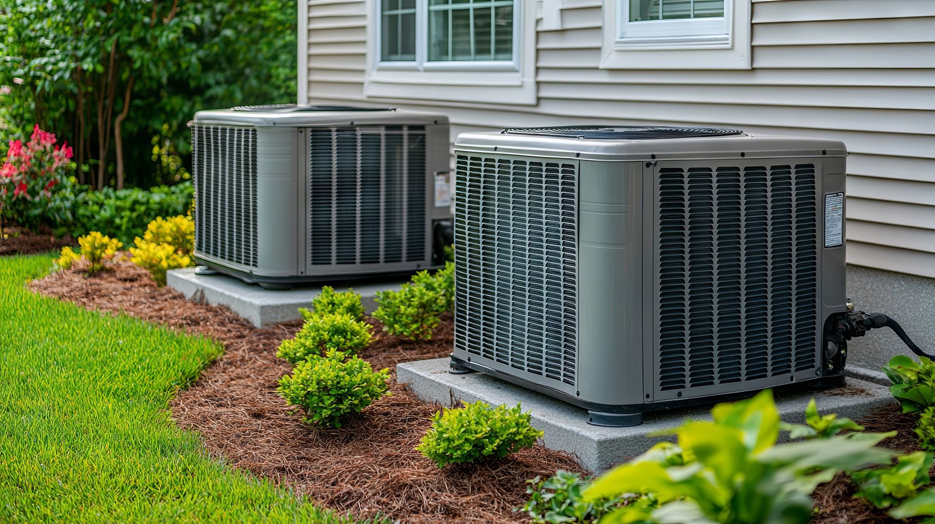 Two air conditioning units on concrete pads beside a house, surrounded by landscaping.