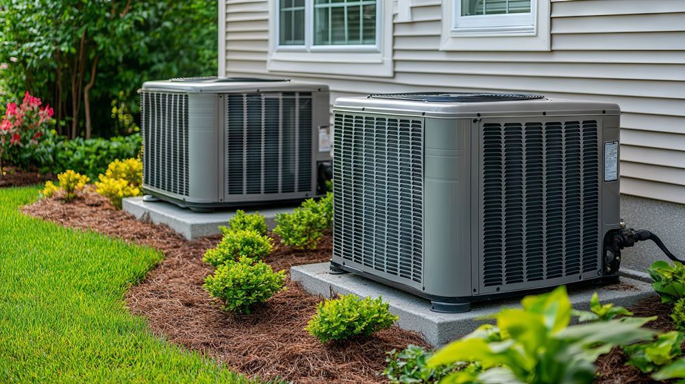 Two air conditioning units on concrete pads beside a house, surrounded by landscaping. Two air conditioning units on concrete pads beside a house, surrounded by landscaping.
