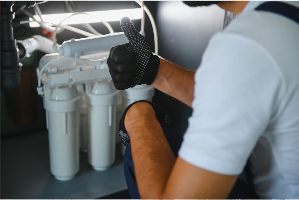 Person installing or inspecting a water filter under a sink; gives thumbs-up.
