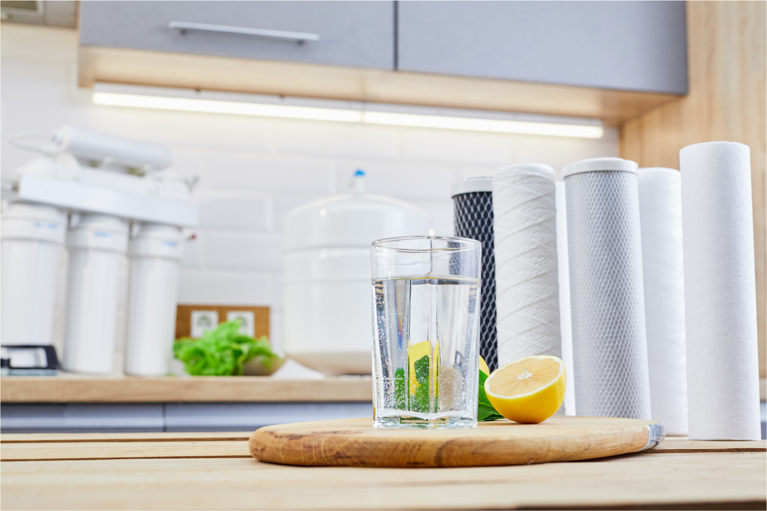 Glass of water with lemon on wood board, water filters in kitchen setting.