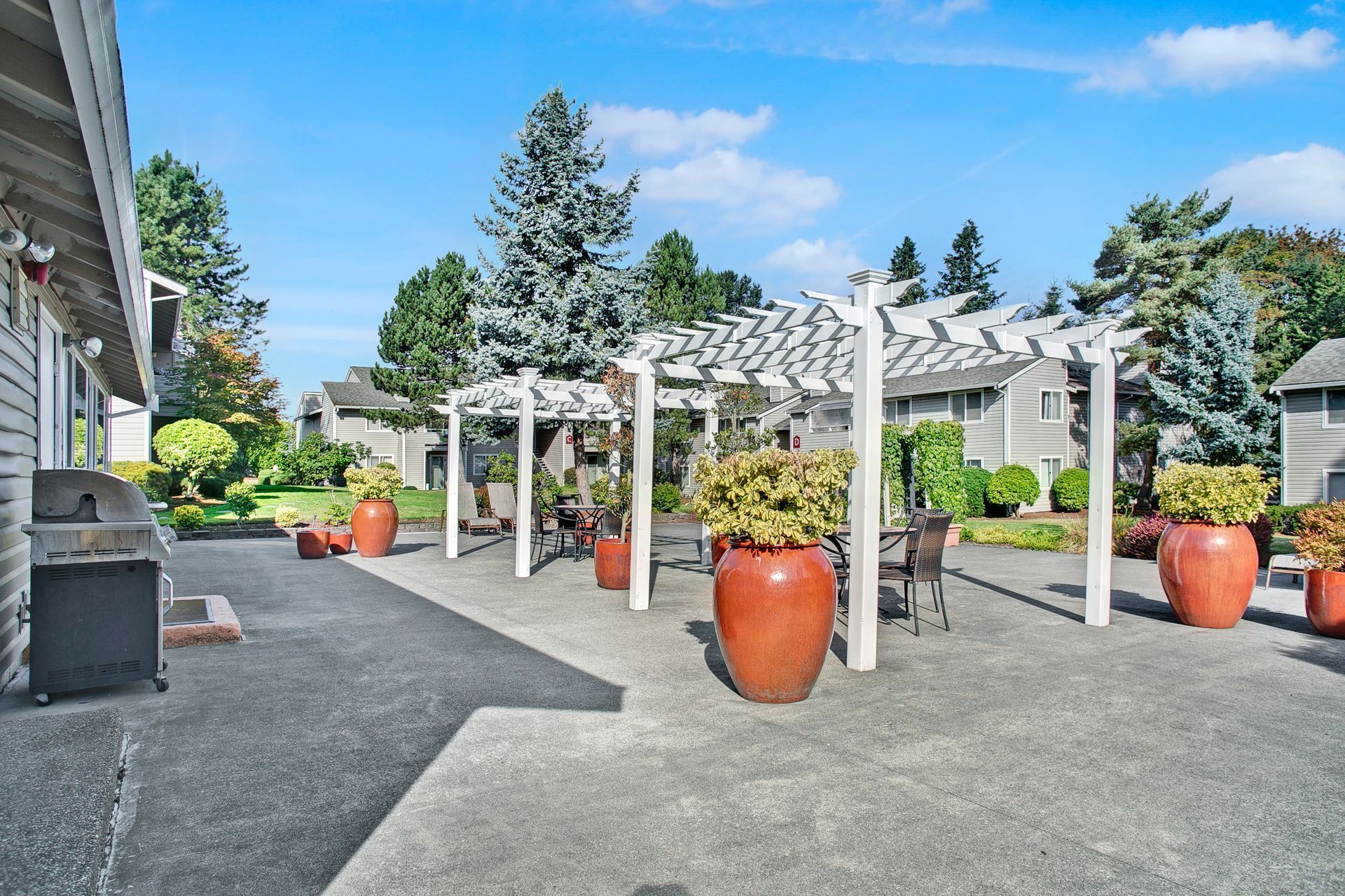 A patio area with potted plants and a grill