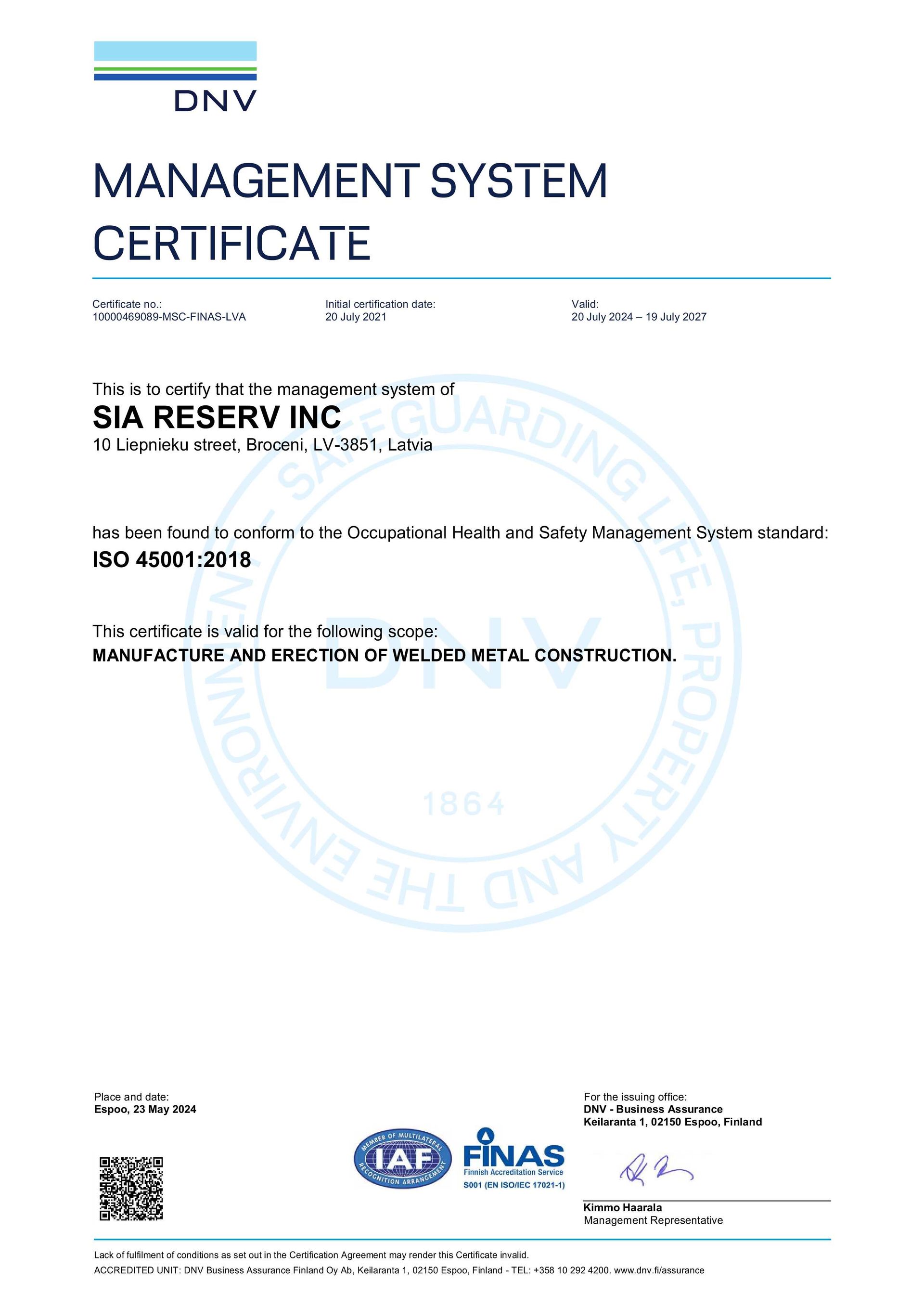 ISO 45001 - 2018 - Reserv inc