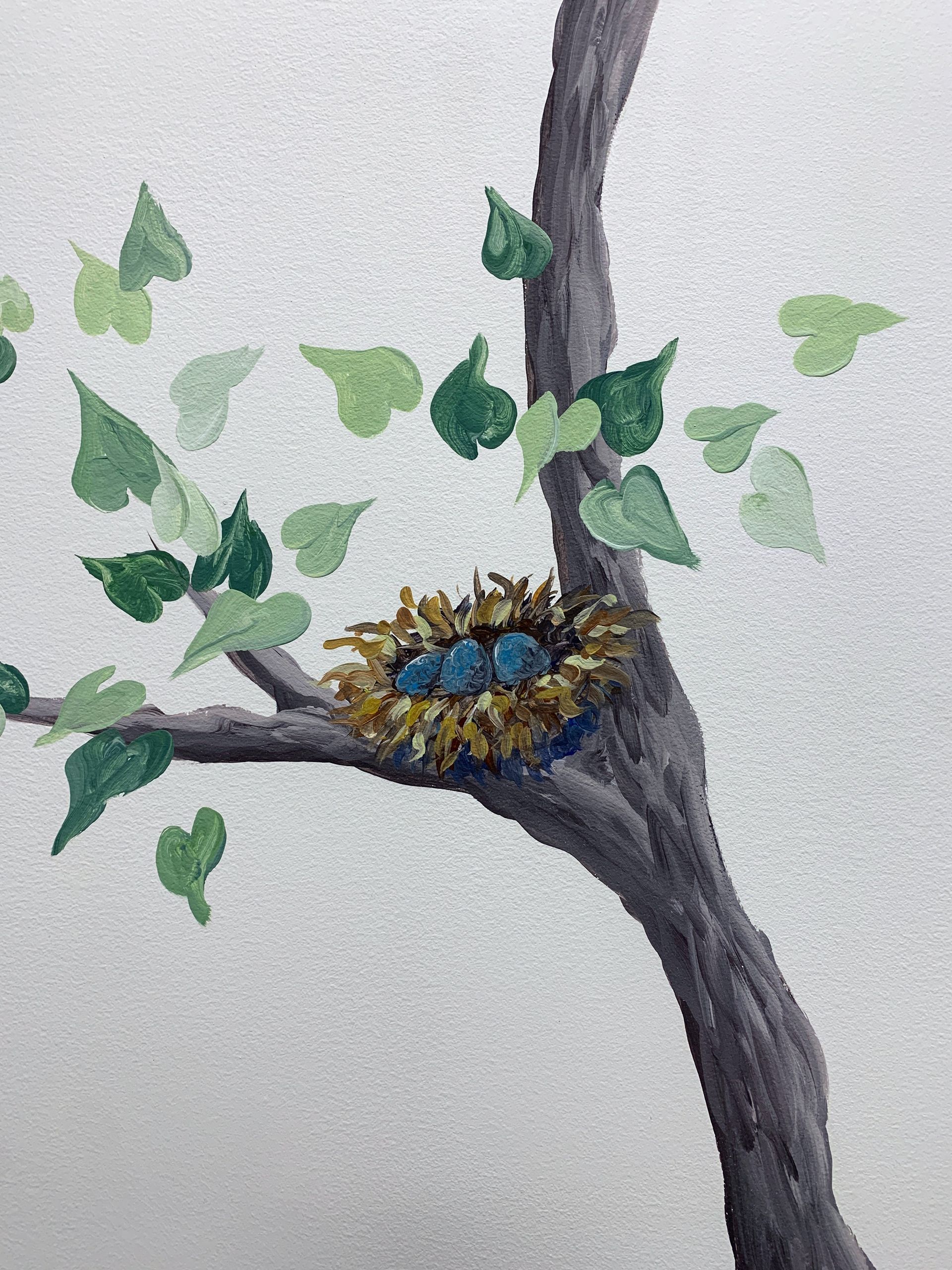 Painting of a bird's nest with eggs in it on a leafy tree branch
