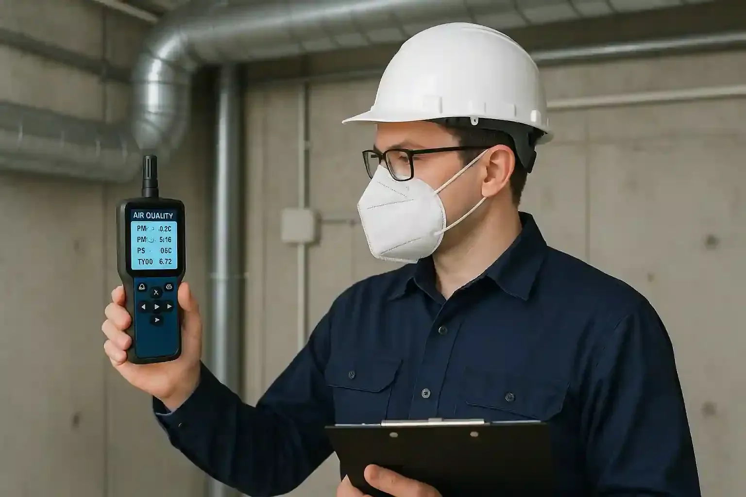 An HVAC Technician testing the indoor air quality.
