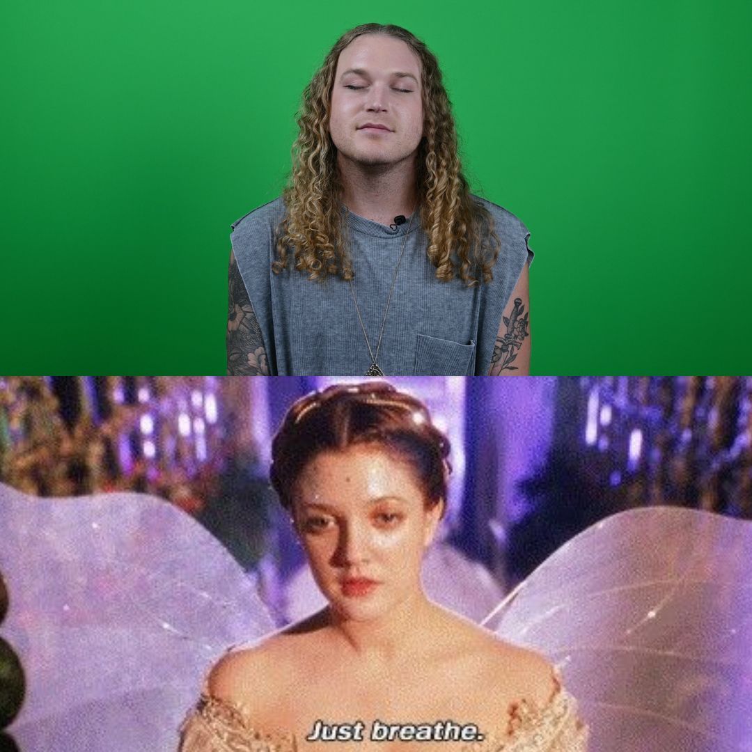 A man and a woman are standing next to each other on a green screen.