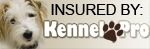 Dog’s face next to text “INSURED BY: KennelPro” and a paw print.