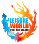 Logo for Leisure World Pool and Hearth: blue and orange flames around text on a white background.