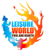 Logo for Leisure World Pool and Hearth: blue and orange flames around text on a white background.
