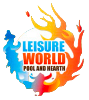 Logo for Leisure World Pool and Hearth: blue and orange flames around text on a white background.