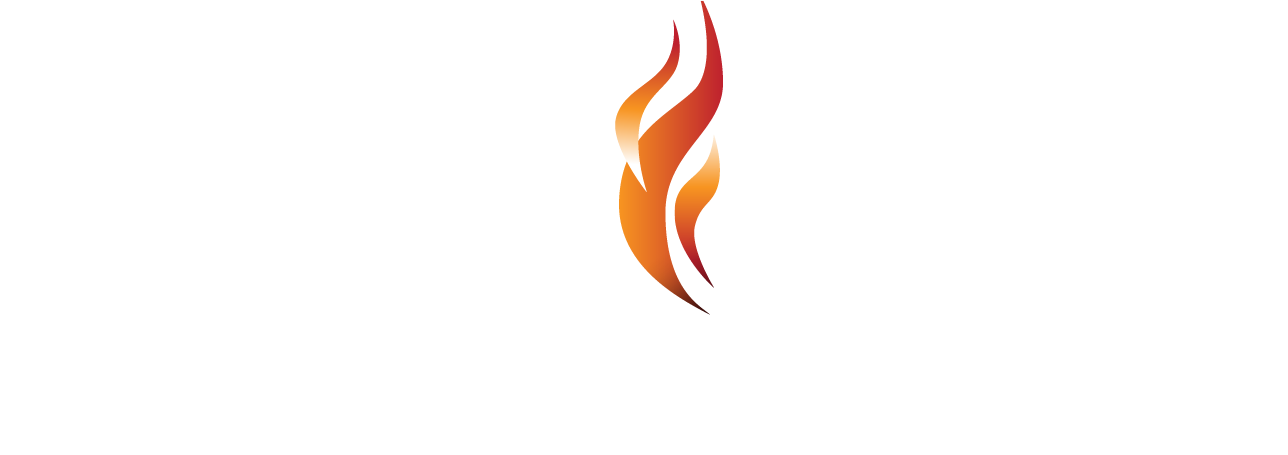 Flame-shaped logo in orange and red, on a white background.