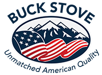 Buck Stove logo: American flag, mountains, and the text 