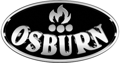 Osburn logo: Silver text on black oval background with flames and dots above the brand name.