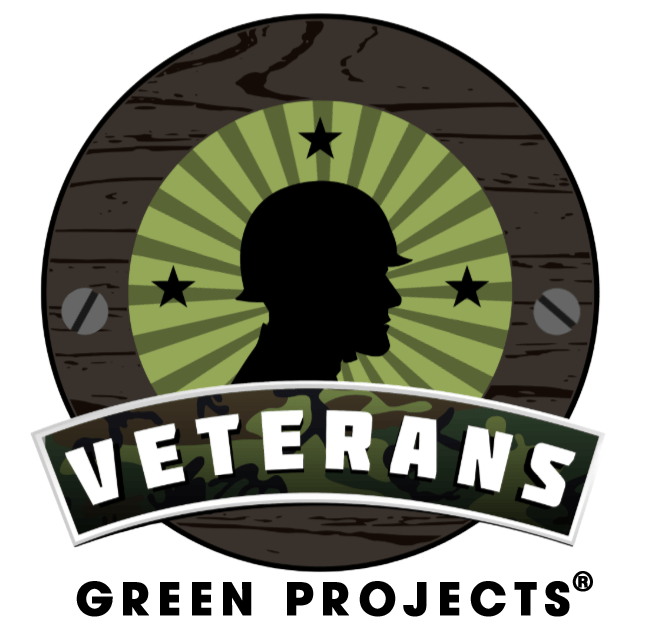 Logo for Veterans Green Projects: silhouette of a soldier in a helmet, with text "Veterans" and "Green Projects".