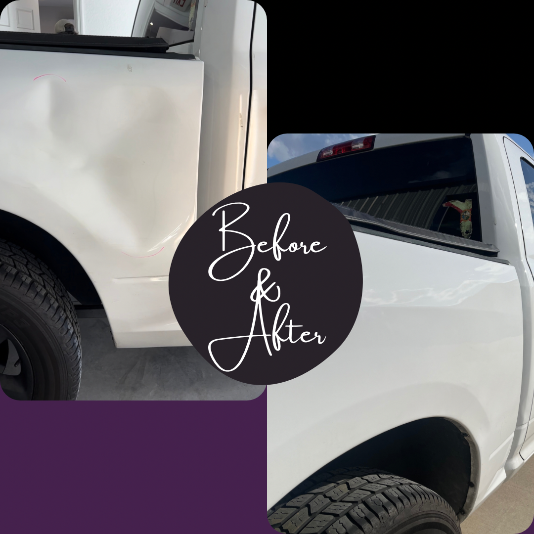 White truck dent repair: before/after. Dented side panel repaired. White truck with black tires, black tint | Axe-A-Dent Auto Collision