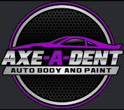 Logo for Axe-A-Dent Auto Body and Paint: purple car silhouette over text, inside a silver and black circular design | Axe-A-Dent Auto Collision