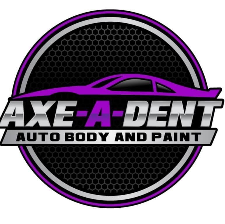 Logo for Axe-A-Dent Auto Body and Paint: Purple car silhouette, text on a black and silver circular background | Axe-A-Dent Auto Collision