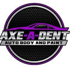 Logo for Axe-A-Dent Auto Body and Paint. Purple car silhouette, black and silver text on a circular background | Axe-A-Dent Auto Collision