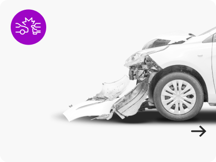White car with front-end damage, right side visible. Purple icon indicates car accident | Axe-A-Dent Auto Collision