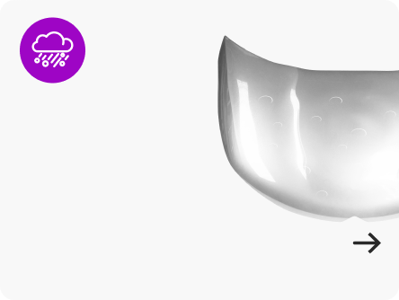 Purple rain cloud icon. Rightward arrow points towards a curved, translucent object | Axe-A-Dent Auto Collision