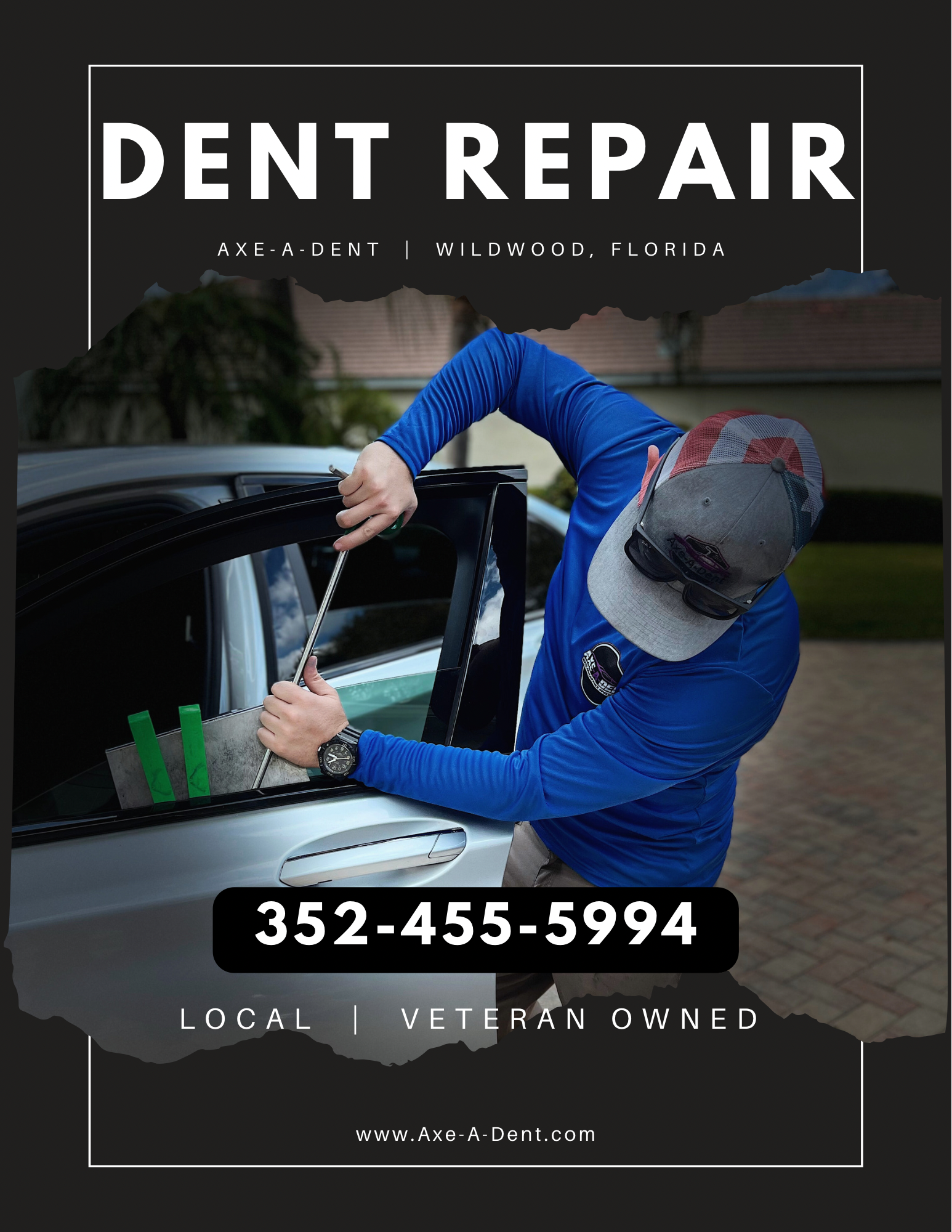 Dent repair ad: Man in blue shirt working on a car, phone number, text 