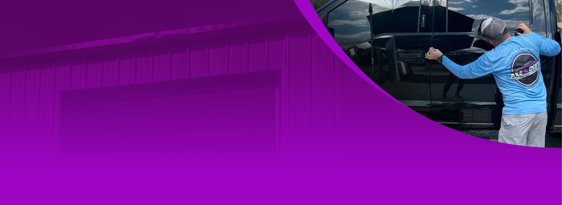 Person in blue shirt near black vehicle, purple gradient background | Axe-A-Dent Auto Collision
