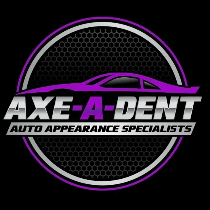 Logo for Axe-A-Dent, a car appearance specialist. Features a purple car silhouette, silver text, and a circular design.