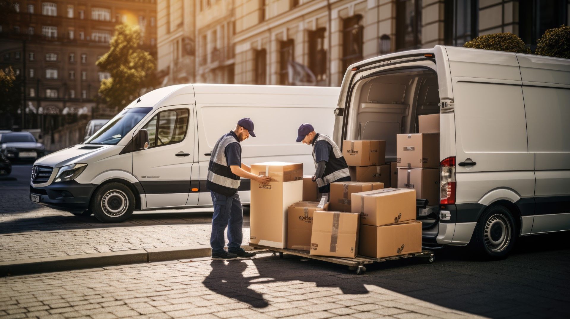 Two delivery men are loading boxes into a van on a city street.