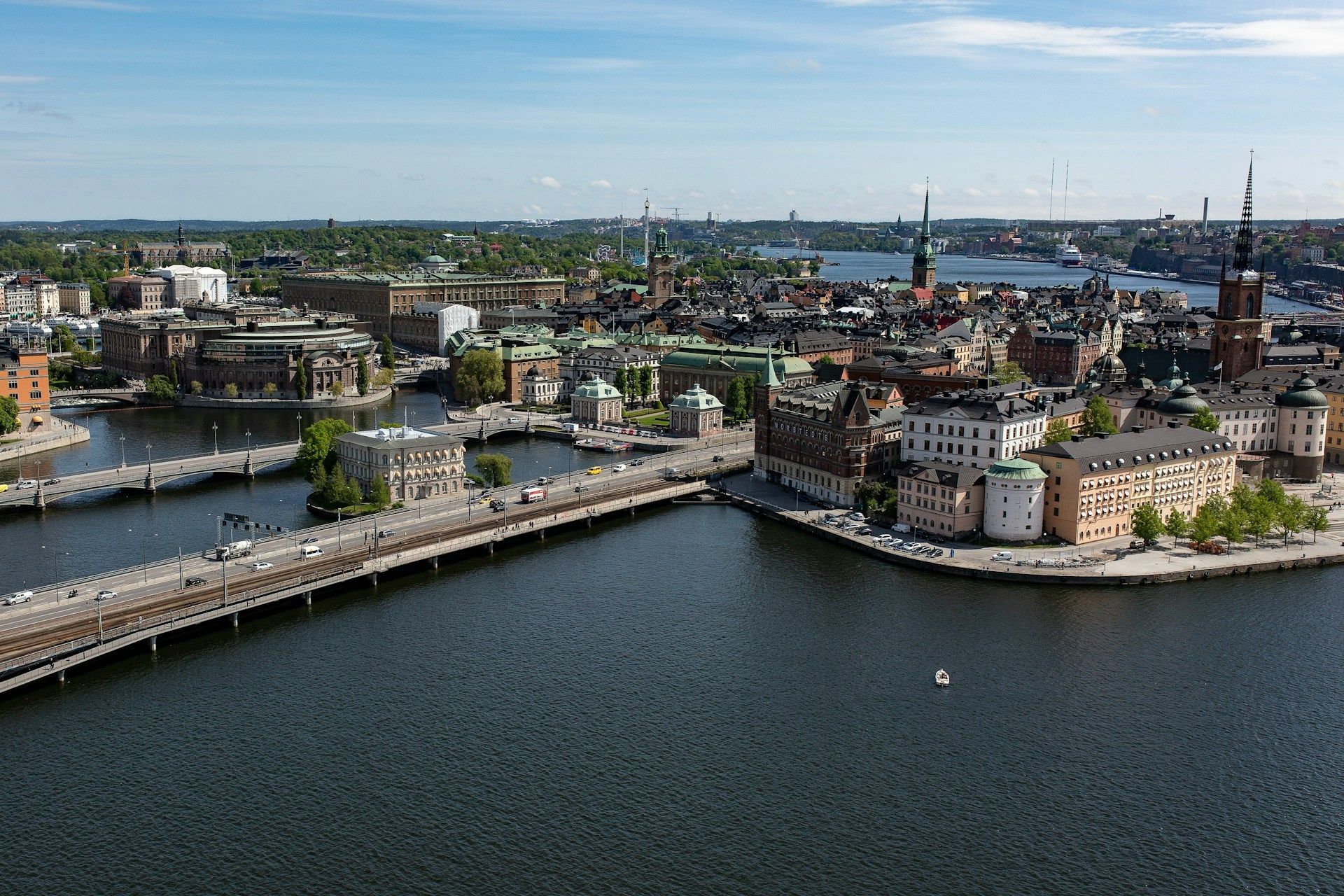 An aerial view of Stockholm with Riddarholmen in the foreground and Gamla stan in the background