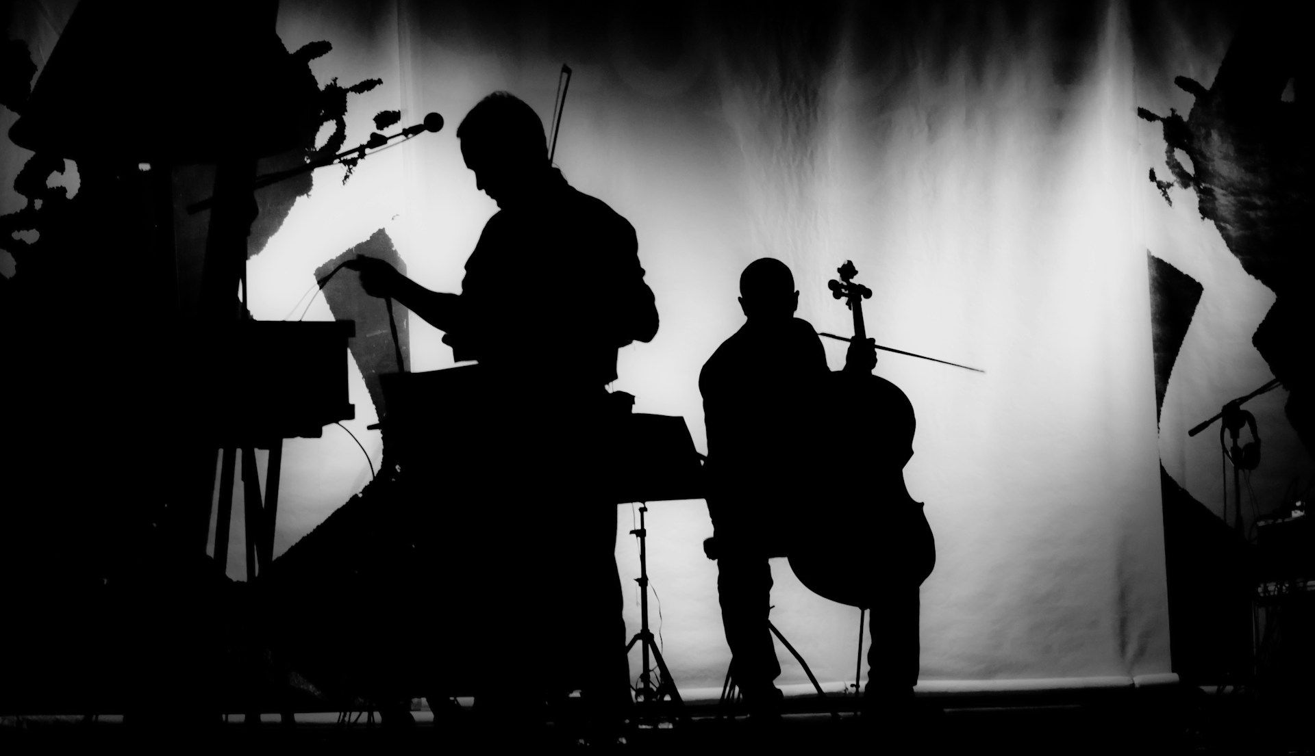 Silhouettes of two musicians performing on stage against a bright, backlit backdrop.